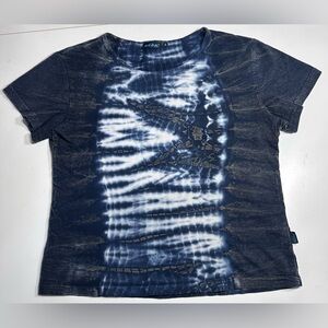 Artistic Blue and White Tie-Dye Top with Unique Patterns